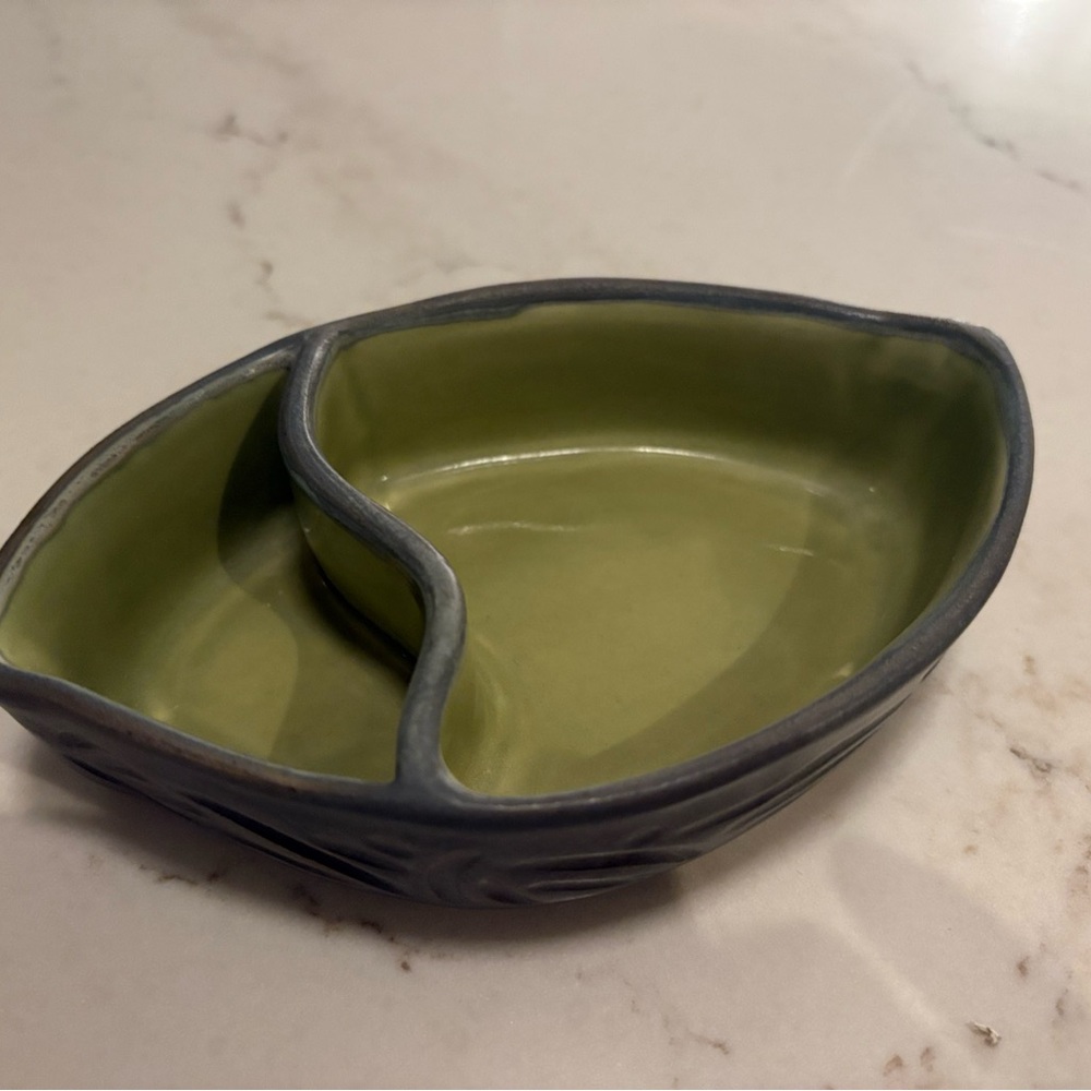 Ceramic Divided Dish with Green Glaze Handmade in Nova Scotia